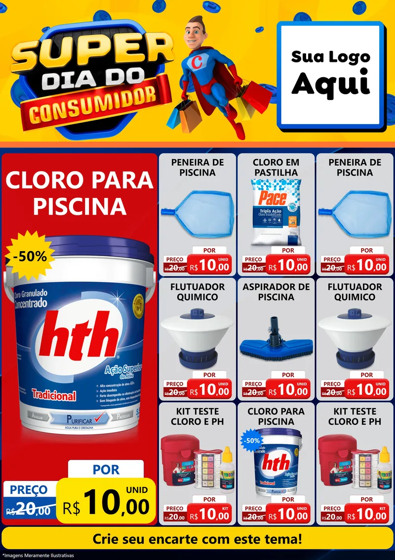 Modelo de Encarte para Encarte A4 Vertical com o tema Super Dia do Consumidor para Produtos para Piscina