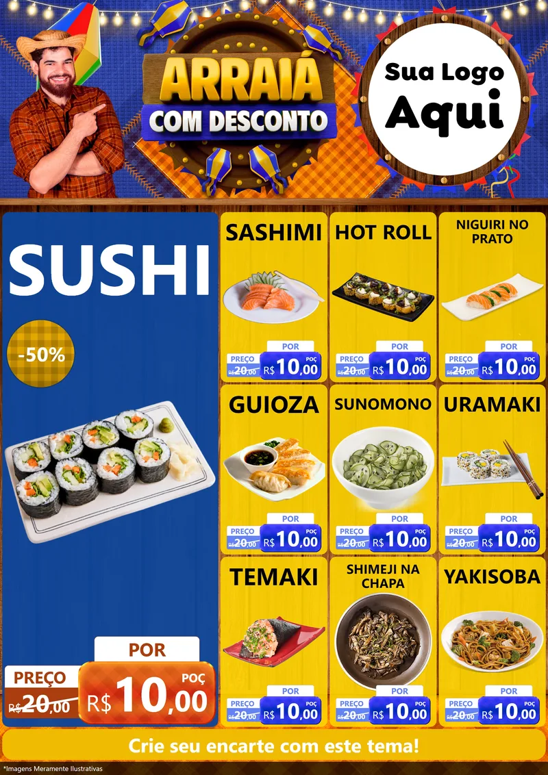 Modelo de Encarte para Encarte A4 Vertical com o tema Arraiá Com Desconto para Comida japonesa