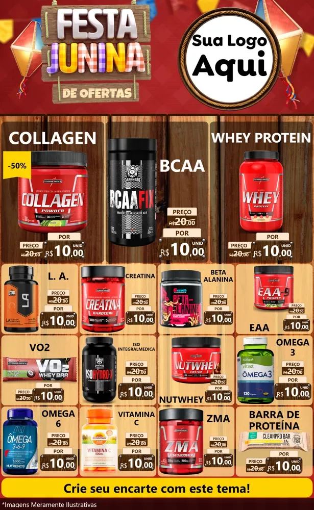 Modelo de Encarte para Encarte Grande com o tema Festa Junina de Ofertas para Suplementos alimentares