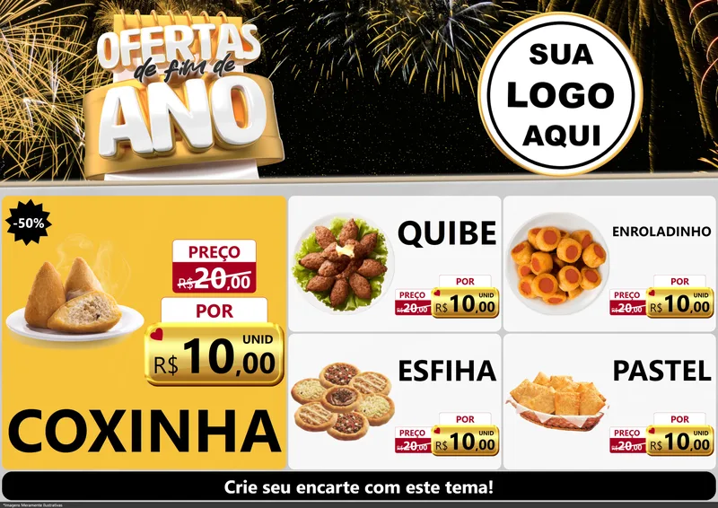Modelo de Encarte para Encarte A4 Horizontal com o tema Ofertas de Fim de Ano para Salgadaria