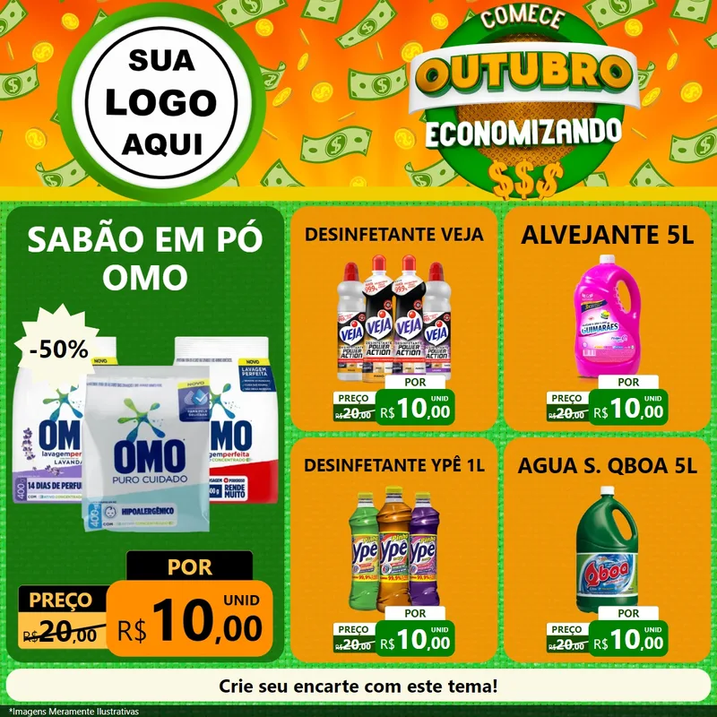 Modelo de Rede Social para Feed Facebook com o tema Comece Outubro Economizando para Produtos de Limpeza