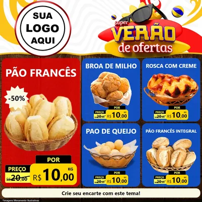 Modelo de Rede Social para Feed Facebook com o tema Super Verão de Ofertas para Padaria