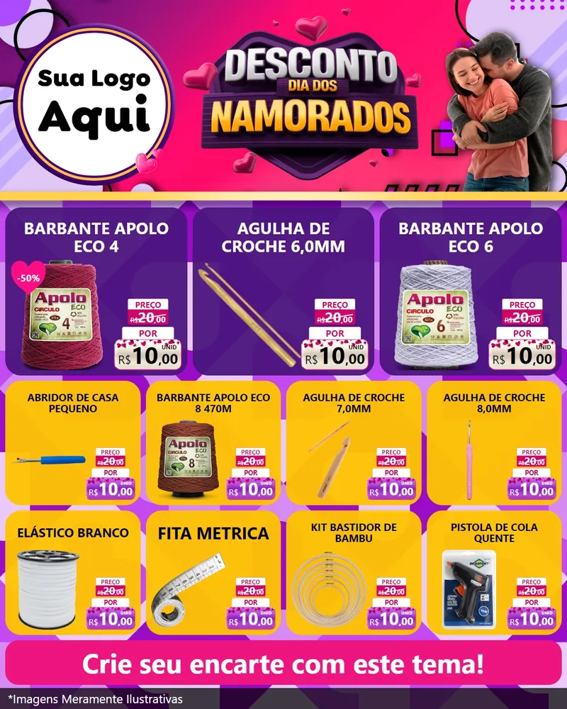 Modelo de Rede Social para Feed Instagram com o tema Desconto Dia dos Namorados para Armarinho e Aviamentos