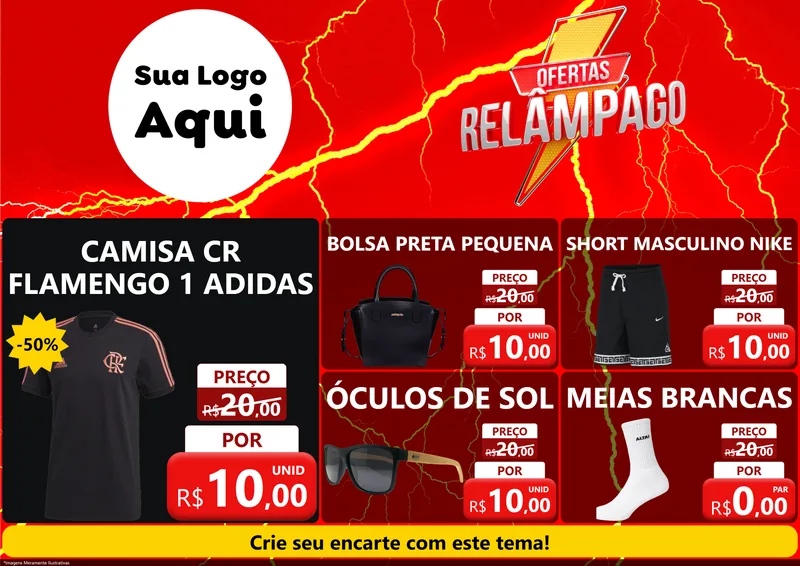 Modelo de Encarte para Encarte A4 Horizontal com o tema Ofertas Relâmpago para Roupas e acessórios