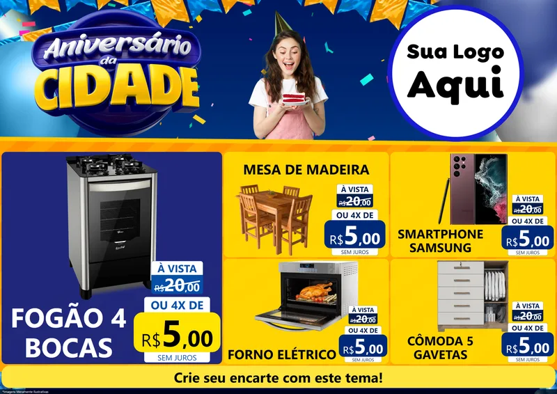 Modelo de Encarte para Encarte A4 Horizontal com o tema Aniversário da Cidade para Móveis e Eletro