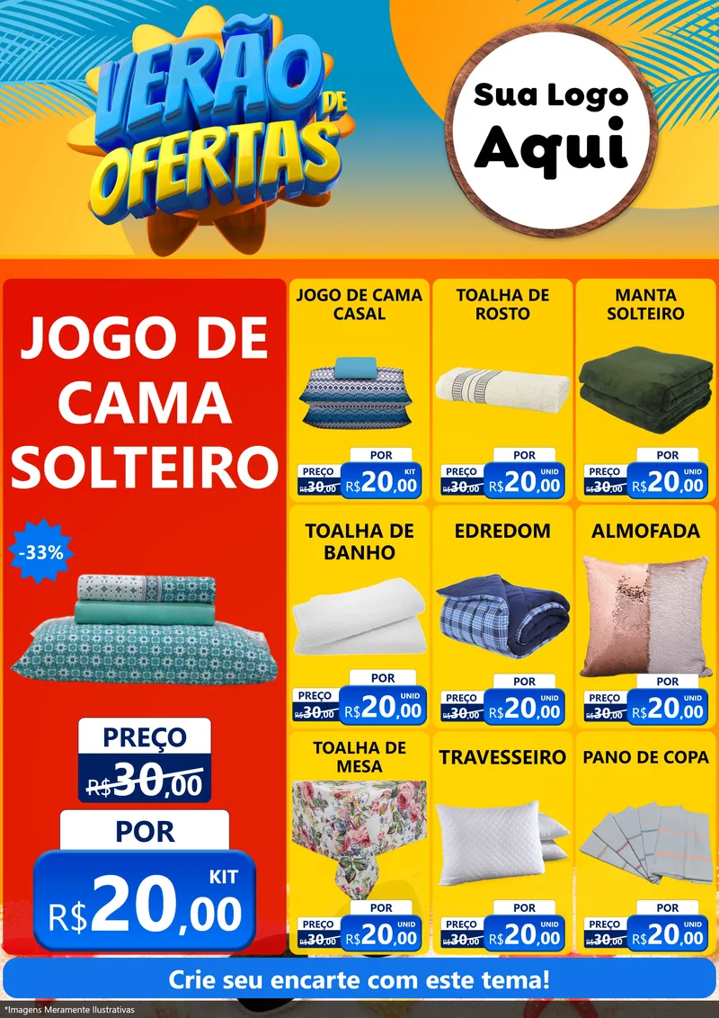 Modelo de Encarte para Encarte A4 Vertical com o tema Verão de Ofertas para Cama, Mesa e Banho