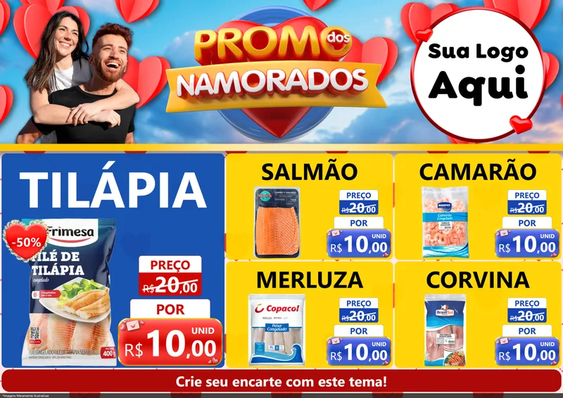 Modelo de Encarte para Encarte A4 Horizontal com o tema Promo dos Namorados para Peixaria