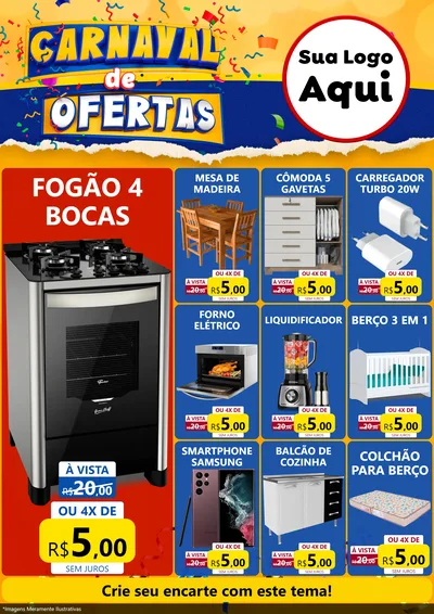 Modelo de Encarte para Encarte A4 Vertical com o tema Carnaval de Ofertas para Móveis e Eletro
