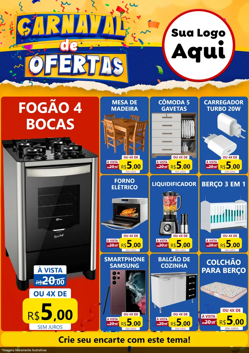 Modelo de Encarte para Encarte A4 Vertical com o tema Carnaval de Ofertas para Móveis e Eletro