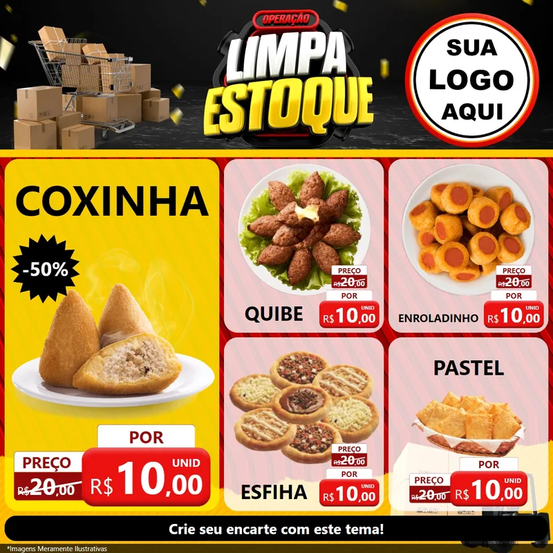 Modelo de Rede Social para Feed Facebook com o tema Operação Limpa Estoque para Salgadaria