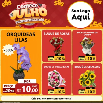Modelo de Rede Social para Feed Facebook com o tema Comece Julho Economizando para Floricultura e jardim