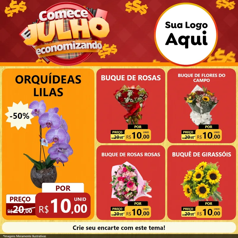 Modelo de Rede Social para Feed Facebook com o tema Comece Julho Economizando para Floricultura e jardim