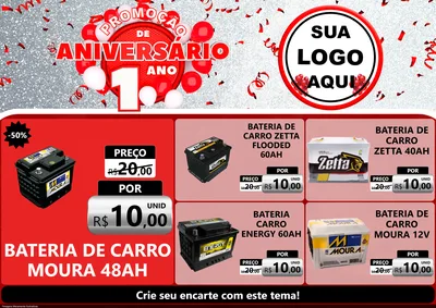 Modelo de Encarte para Encarte A4 Horizontal com o tema Promoção de Aniversário - 1 Ano para Baterias Elétricas