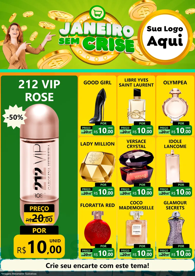 Modelo de Encarte para Encarte A4 Vertical com o tema Janeiro Sem Crise para Perfumes