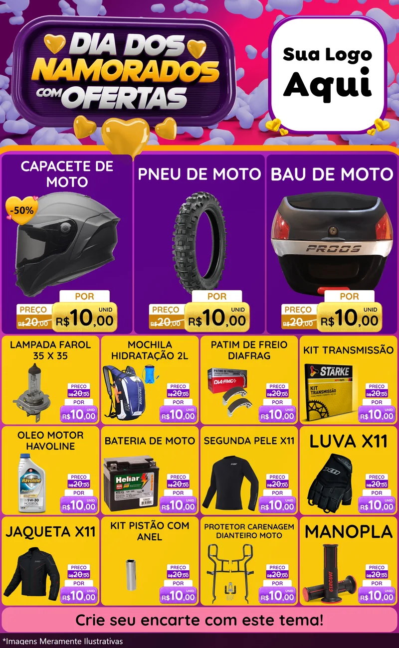 Modelo de Encarte para Encarte Grande com o tema Dia Dos Namorados Com Ofertas para Moto peças