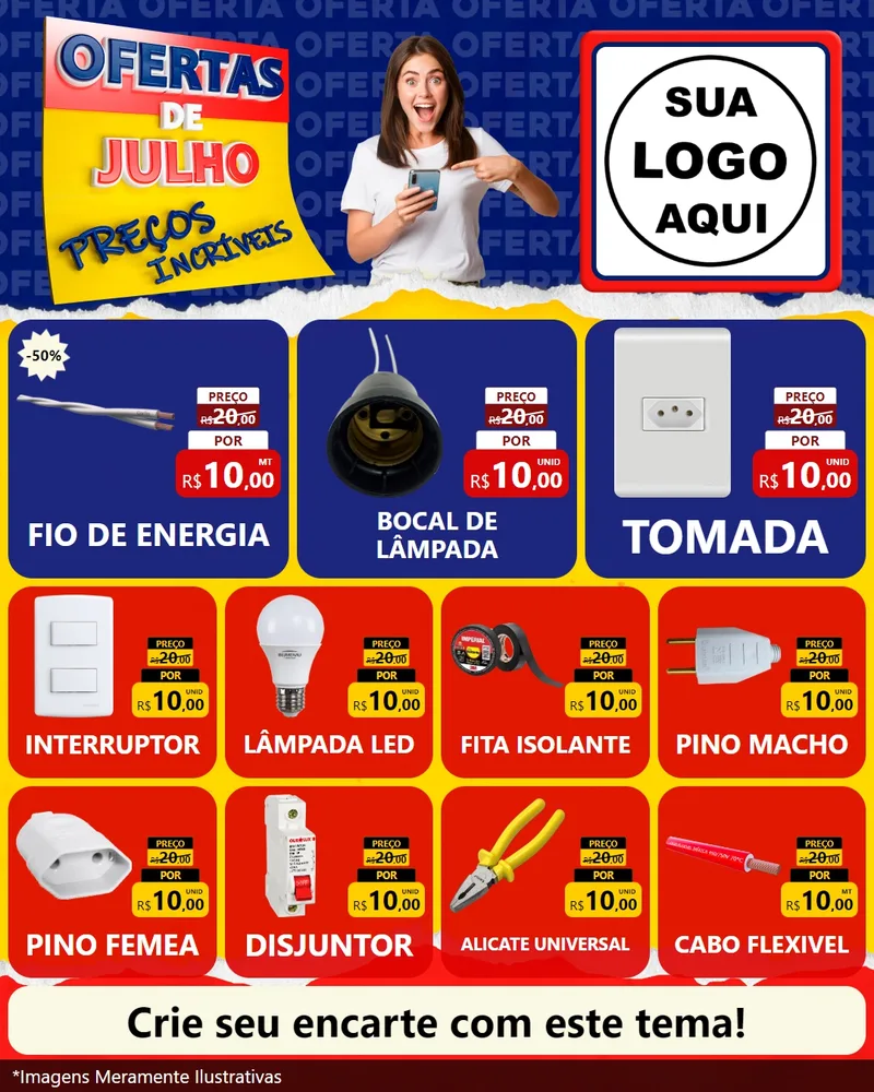 Modelo de Rede Social para Feed Instagram com o tema Ofertas de Julho - Preços Incríveis para Materiais Elétricos