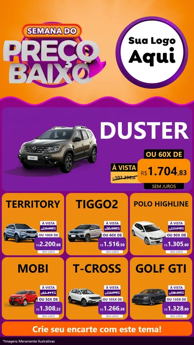 Modelo de Rede Social para Stories com o tema Semana do Preço Baixo para Concessionaria de Carros