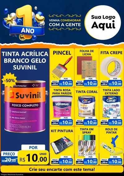 Modelo de Encarte para Encarte A4 Vertical com o tema Um Ano de Aniversário para Tintas e Ferramentas