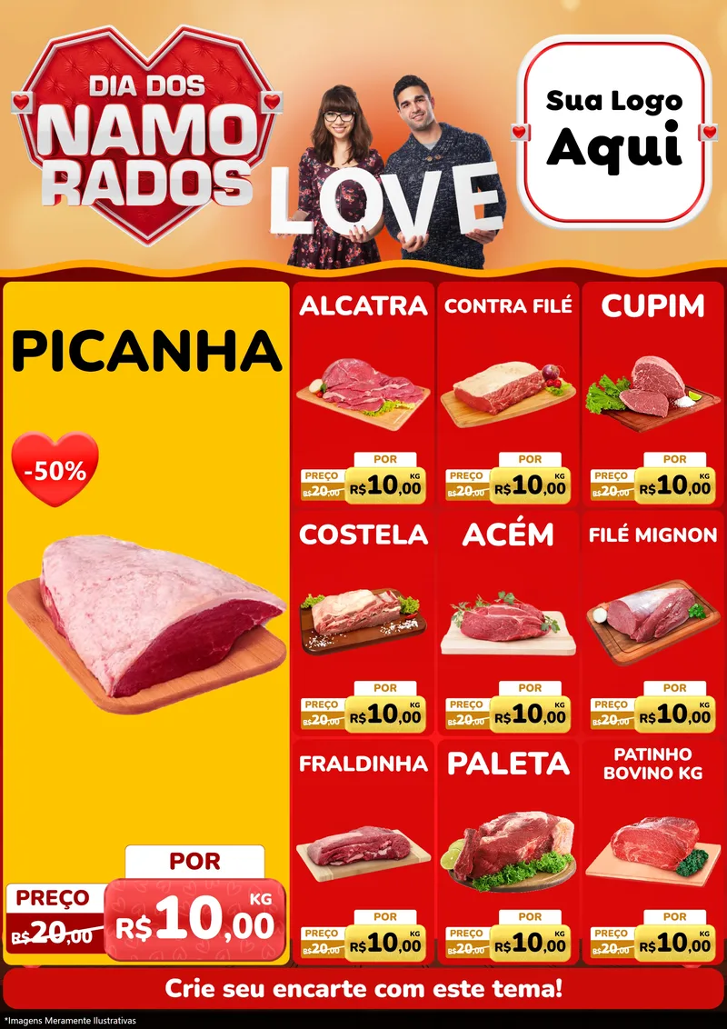Modelo de Encarte para Encarte A4 Vertical com o tema Dia dos Namorados para Açougue