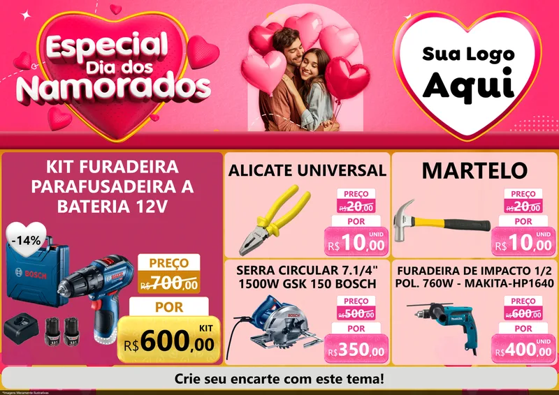 Modelo de Encarte para Encarte A4 Horizontal com o tema Especial Dia dos Namorados para Maquinas e Ferramentas