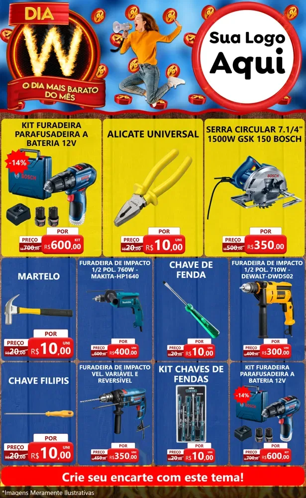 Modelo de Encarte para Encarte Grande com o tema Dia W - O Dia Mais Barato Do Mês para Maquinas e Ferramentas
