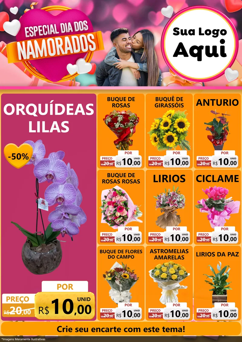 Modelo de Encarte para Encarte A4 Vertical com o tema Especial Dia dos Namorados para Floricultura e jardim