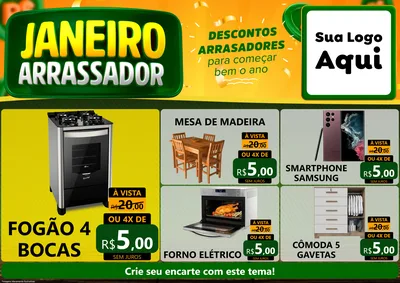 Modelo de Encarte para Encarte A4 Horizontal com o tema Janeiro Arrasador para Móveis e Eletro