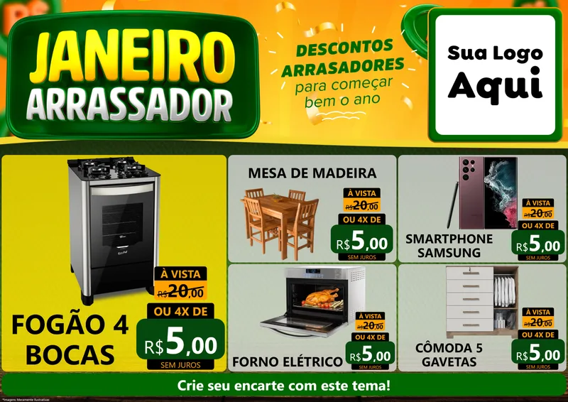 Modelo de Encarte para Encarte A4 Horizontal com o tema Janeiro Arrasador para Móveis e Eletro