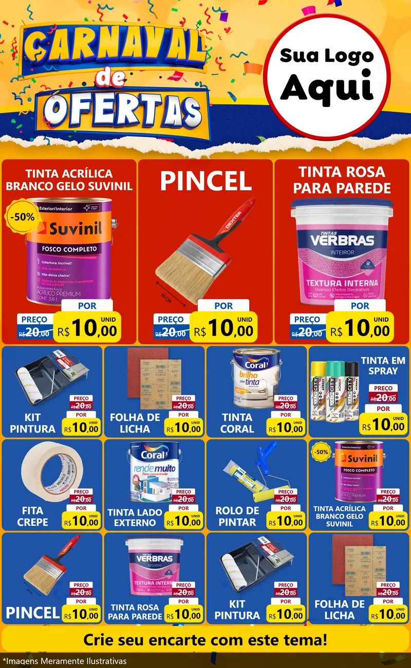 Modelo de Encarte para Encarte Grande com o tema Carnaval de Ofertas para Tintas e Ferramentas