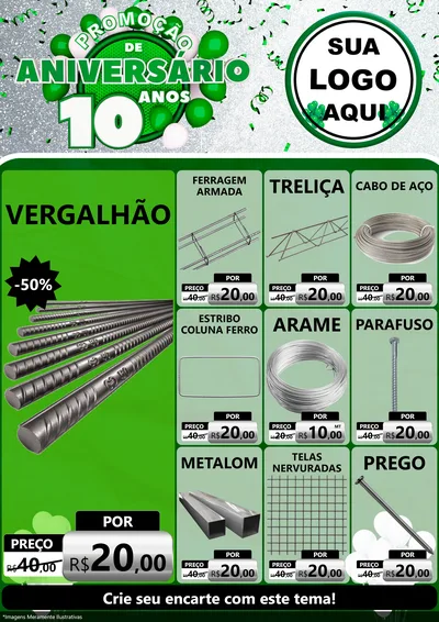 Modelo de Encarte para Encarte A4 Vertical com o tema Promoção de Aniversário - 10 Anos para Ferragens