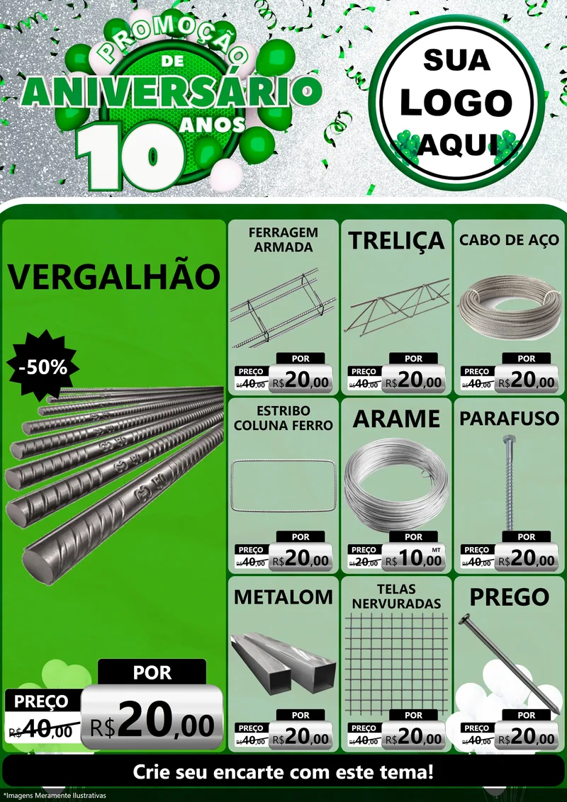 Modelo de Encarte para Encarte A4 Vertical com o tema Promoção de Aniversário - 10 Anos para Ferragens