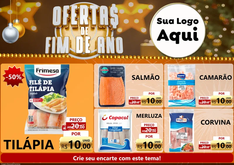 Modelo de Encarte para Encarte A4 Horizontal com o tema Ofertas de Fim de Ano para Peixaria
