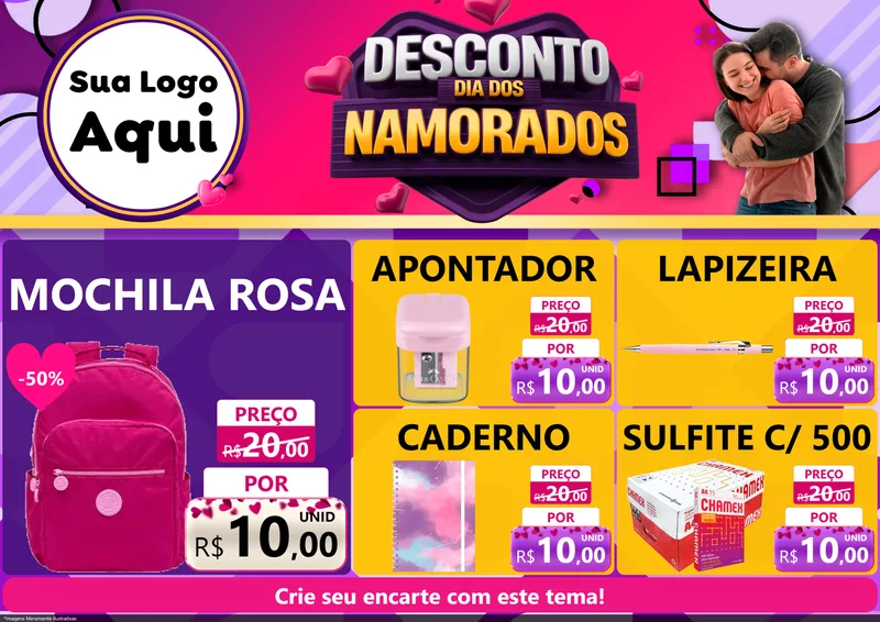 Modelo de Encarte para Encarte A4 Horizontal com o tema Desconto Dia dos Namorados para Papelaria