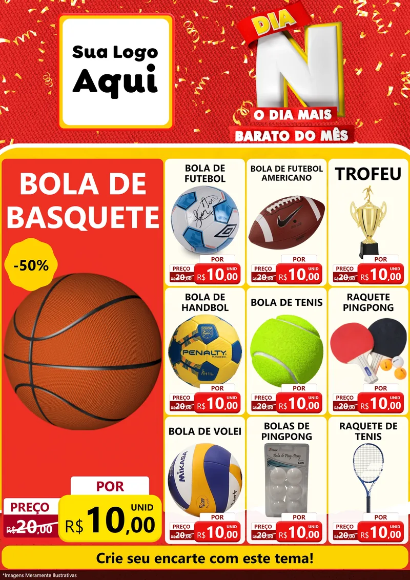 Modelo de Encarte para Encarte A4 Vertical com o tema Dia N o Dia Mais Barato do Mês para Artigos Esportivos