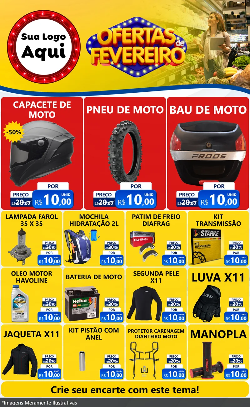 Modelo de Encarte para Encarte Grande com o tema Ofertas de Fevereiro para Moto peças