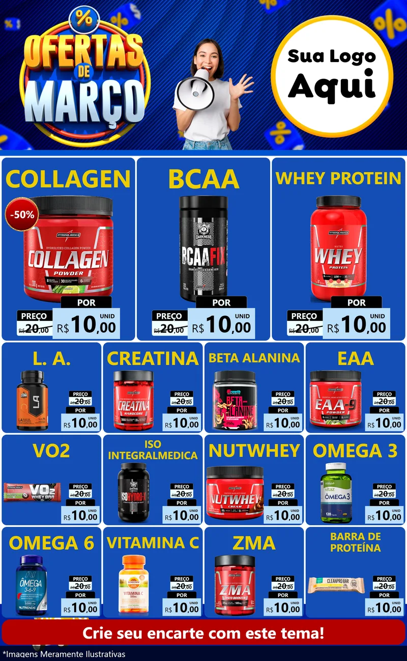Modelo de Encarte para Encarte Grande com o tema Ofertas de Março para Suplementos alimentares