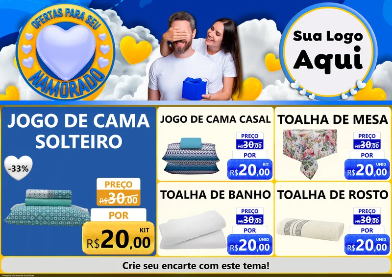 Modelo de Encarte para Encarte A4 Horizontal com o tema Ofertas Para Seu Namorado para Cama, Mesa e Banho