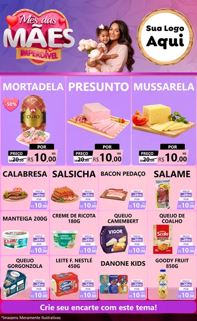 Modelo de Encarte para Encarte Grande com o tema Mês das Mães Imperdível para Frios e Laticínios