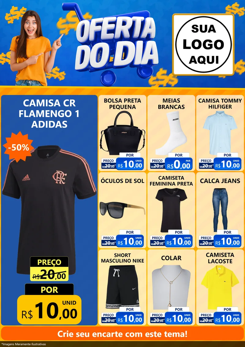 Modelo de Encarte para Encarte A4 Vertical com o tema Oferta do Dia para Roupas e acessórios