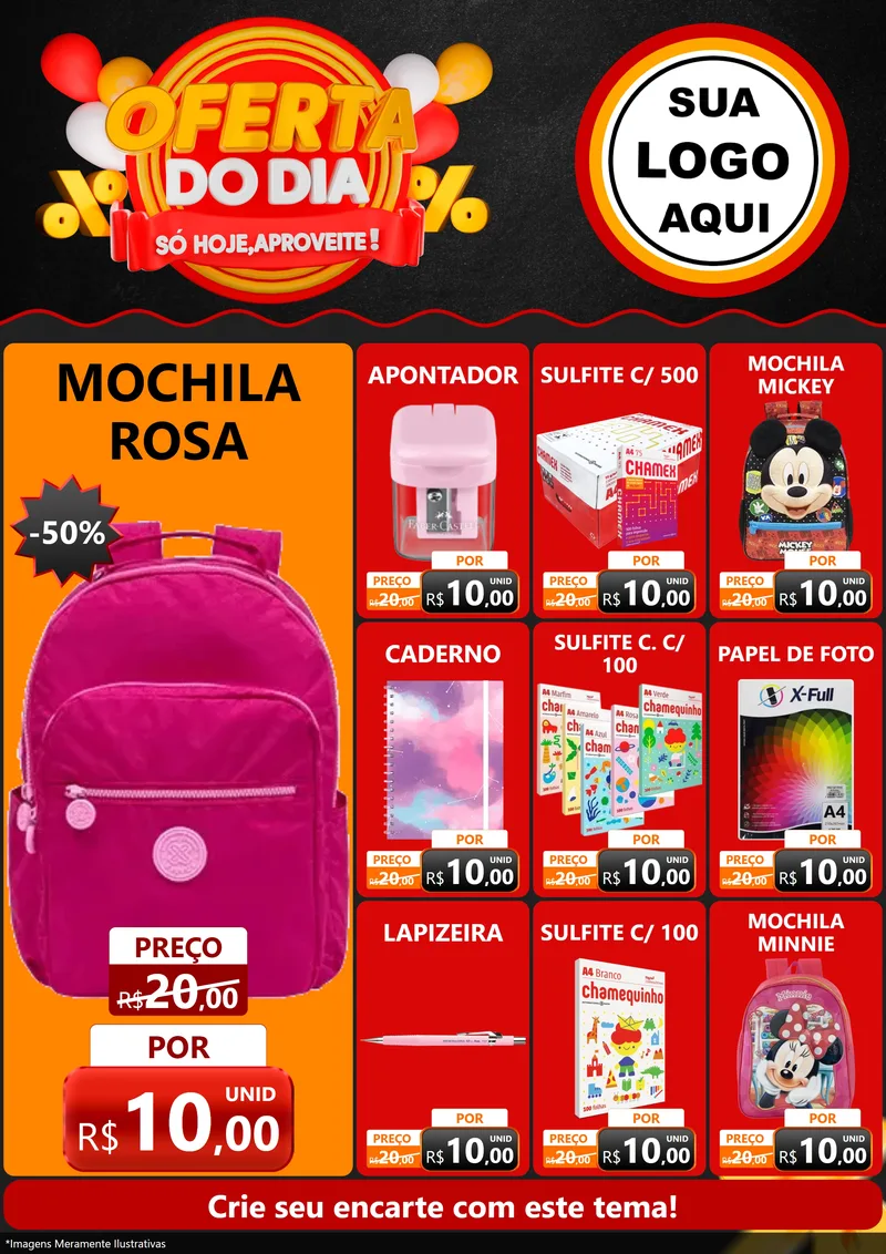 Modelo de Encarte para Encarte A4 Vertical com o tema Oferta do Dia - Só hoje, Aproveite! para Papelaria