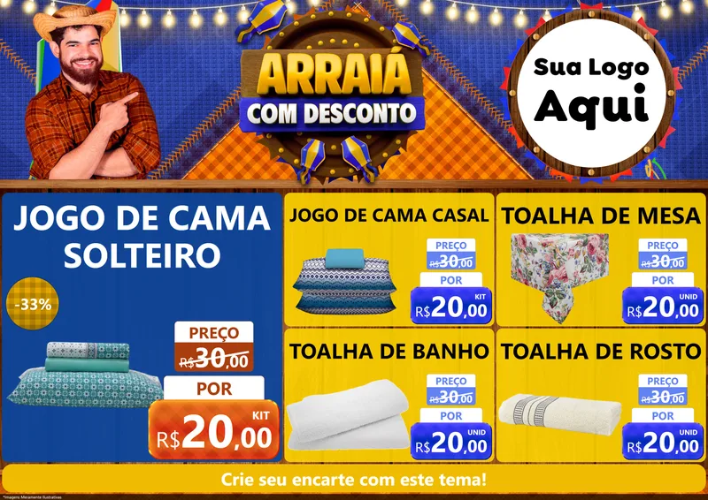 Modelo de Encarte para Encarte A4 Horizontal com o tema Arraiá Com Desconto para Cama, Mesa e Banho