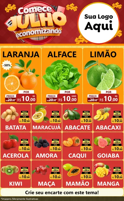Modelo de Encarte para Encarte Grande com o tema Comece Julho Economizando para Hortifrúti