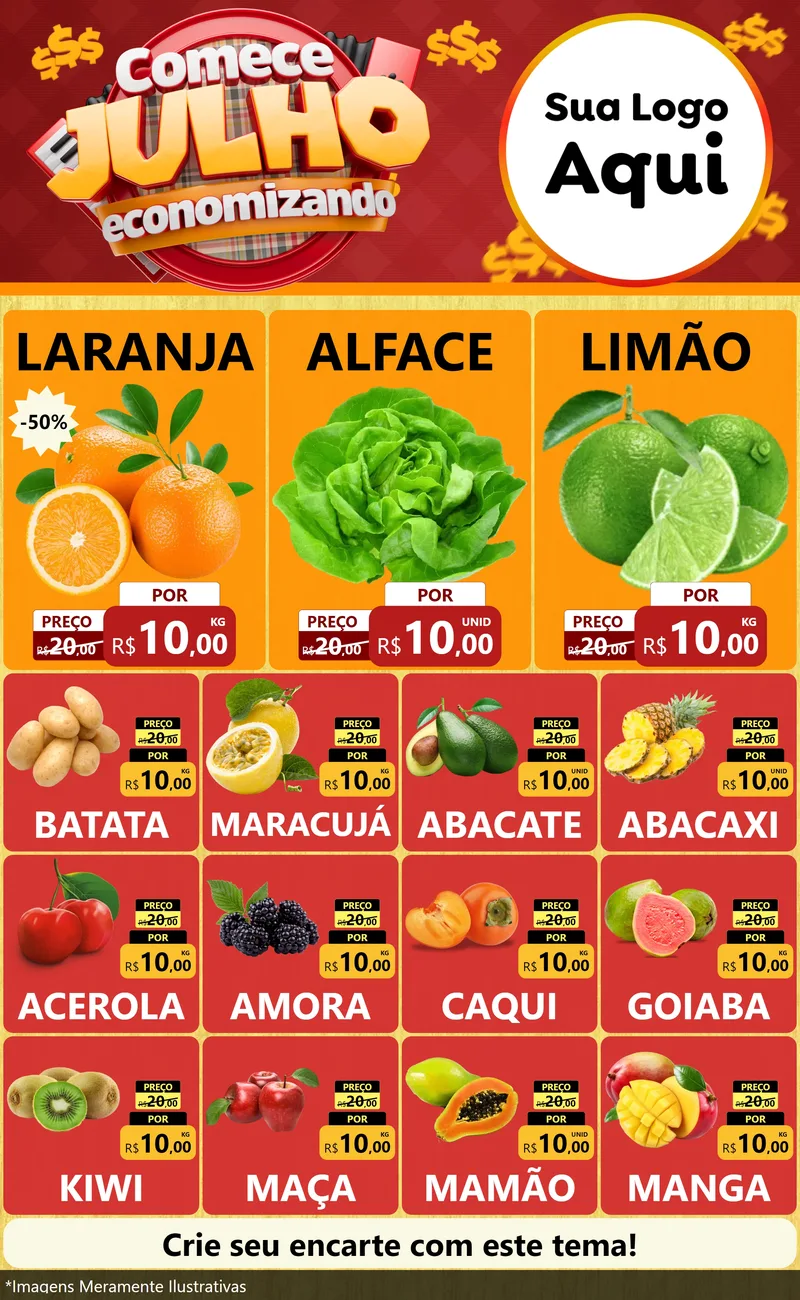 Modelo de Encarte para Encarte Grande com o tema Comece Julho Economizando para Hortifrúti