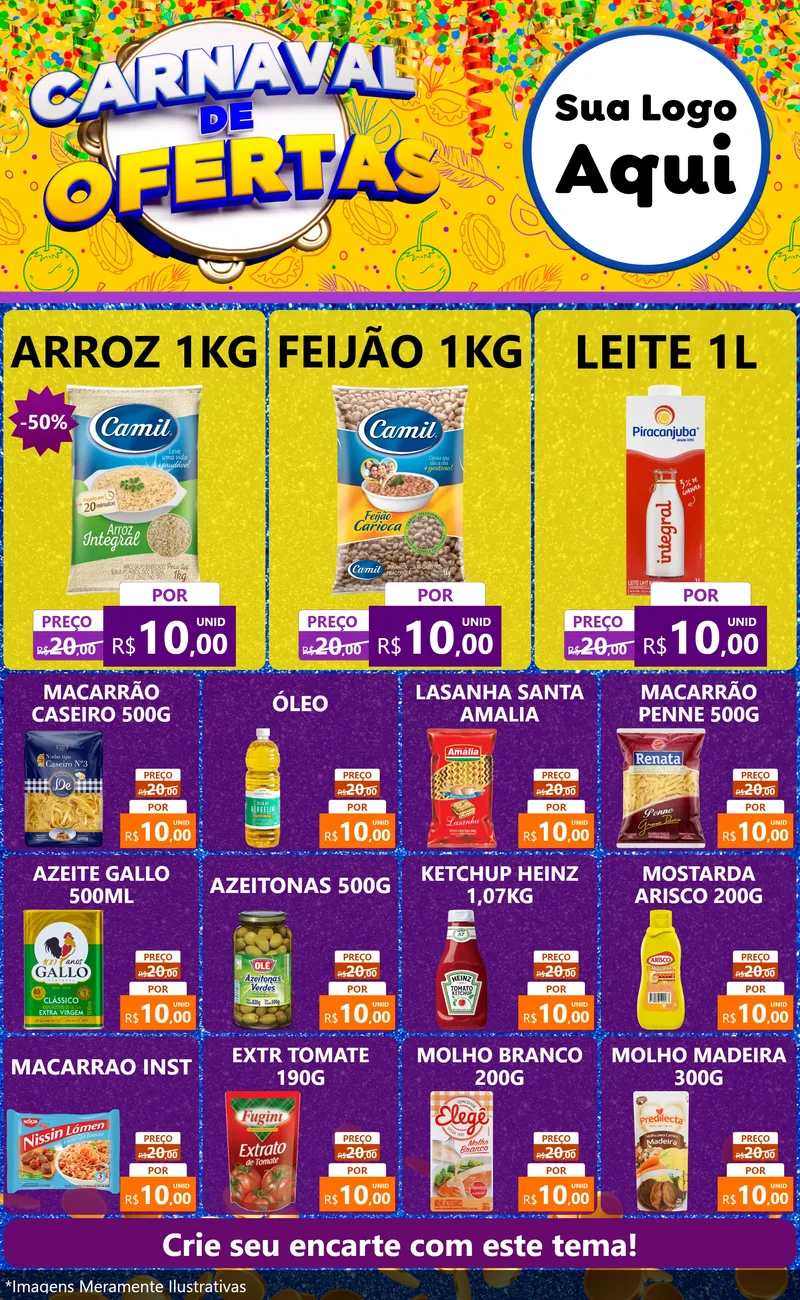 Modelo de Encarte para Encarte Grande com o tema Carnaval de Ofertas para Supermercado
