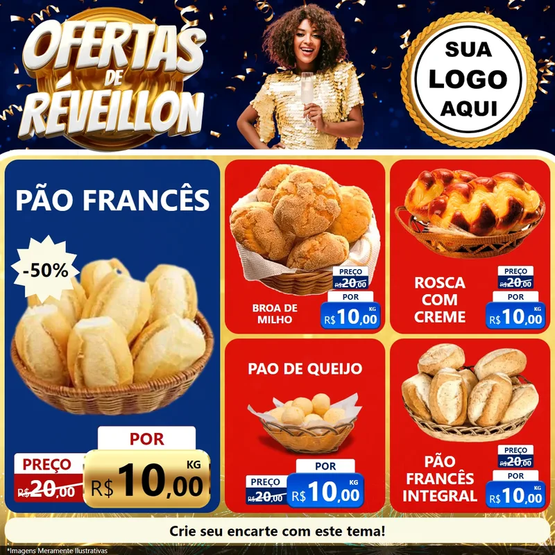 Modelo de Rede Social para Feed Facebook com o tema Ofertas de Réveillon para Padaria