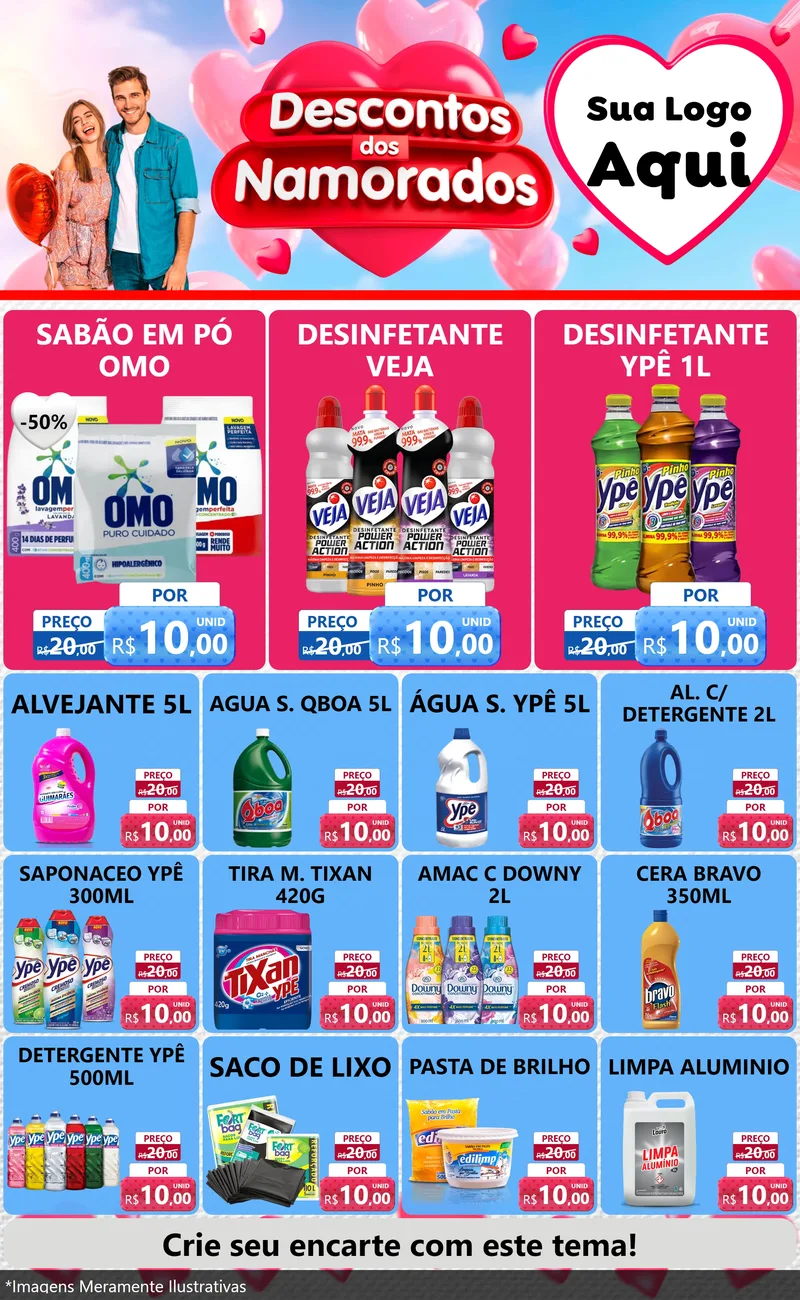 Modelo de Encarte para Encarte Grande com o tema Descontos dos Namorados para Produtos de Limpeza