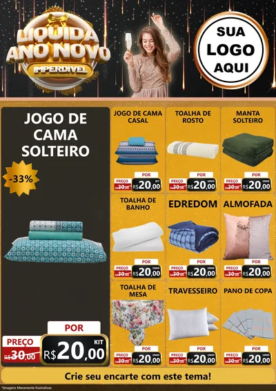Modelo de Encarte para Encarte A4 Vertical com o tema Liquida Ano Novo Imperdível para Cama, Mesa e Banho