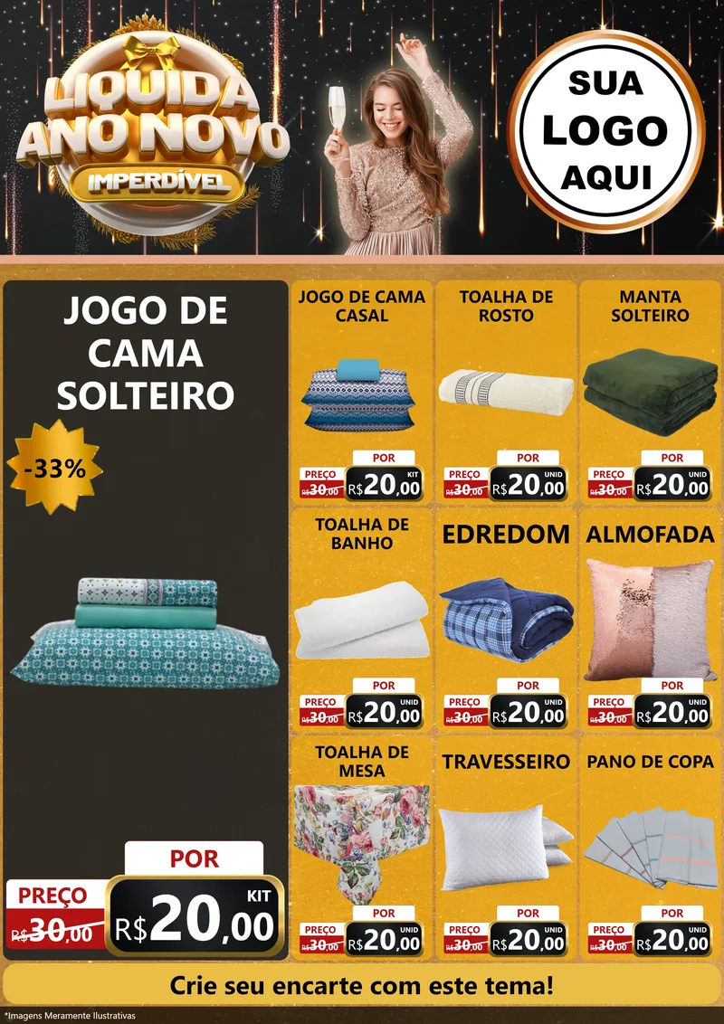 Modelo de Encarte para Encarte A4 Vertical com o tema Liquida Ano Novo Imperdível para Cama, Mesa e Banho