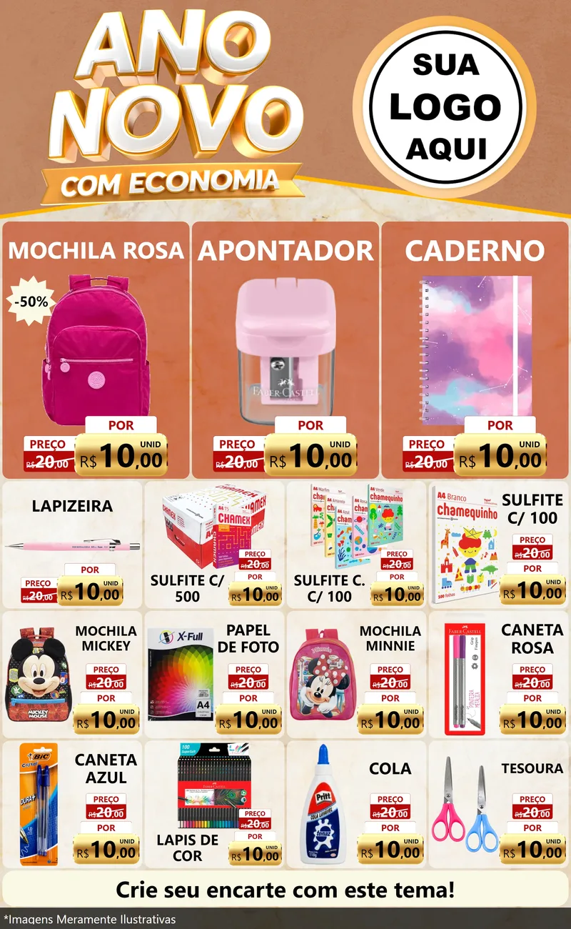Modelo de Encarte para Encarte Grande com o tema Ano Novo Com Economia para Papelaria