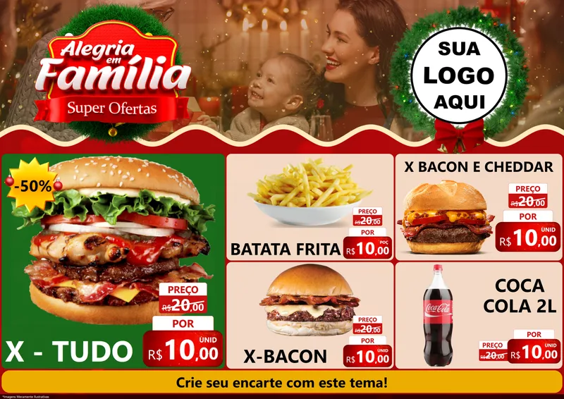 Modelo de Encarte para Encarte A4 Horizontal com o tema Alegria Em Família - Super Ofertas para Hamburgueria